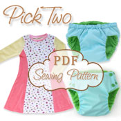 Pick TWO PDF Patterns<br><br>Choose from:<br>Trimsies diaper<br>Trimsies trainer<br>Sunshine Dress